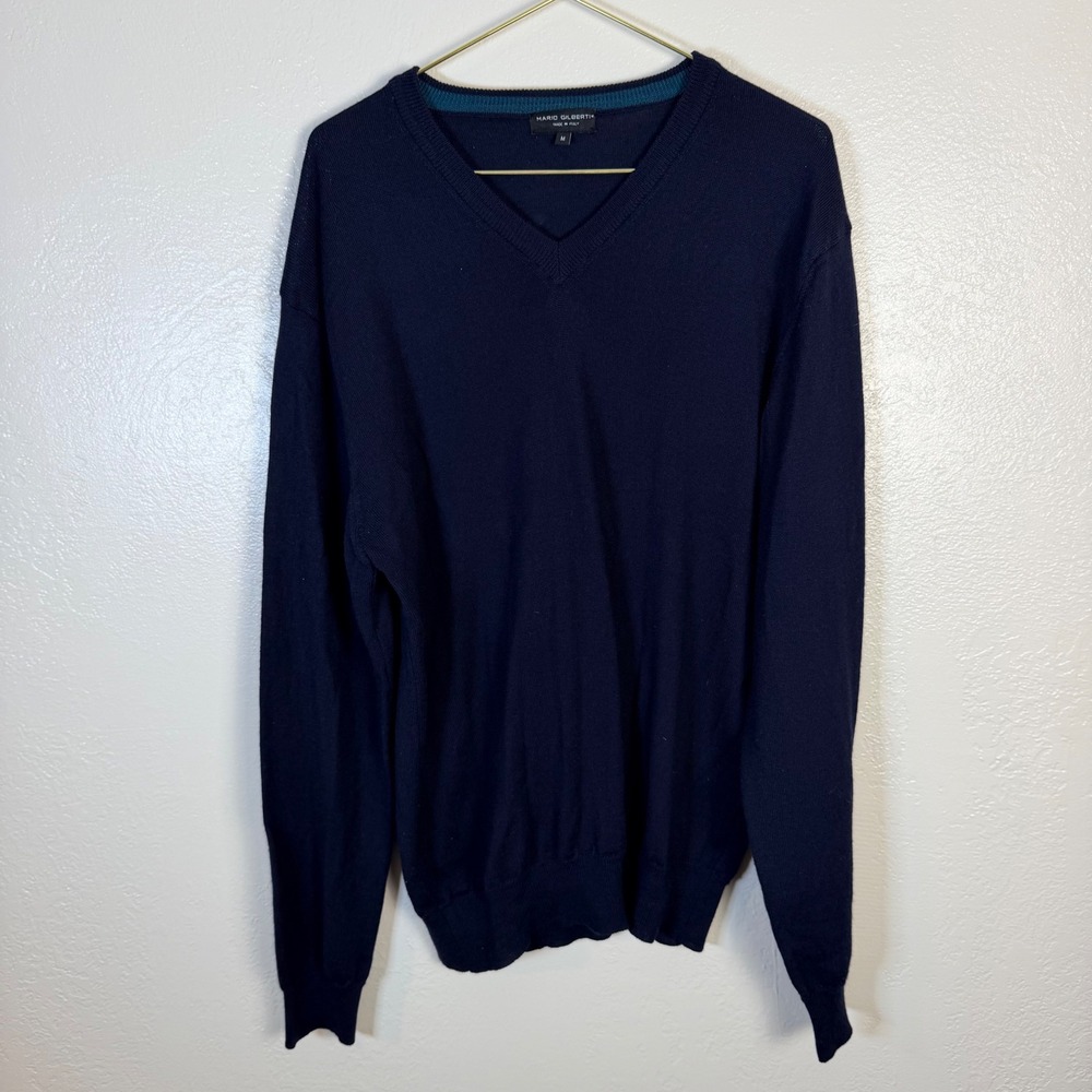 Mario Gilberti Mens M Navy Blue 100% Extrafine Merino Wool V-Neck Sweater
